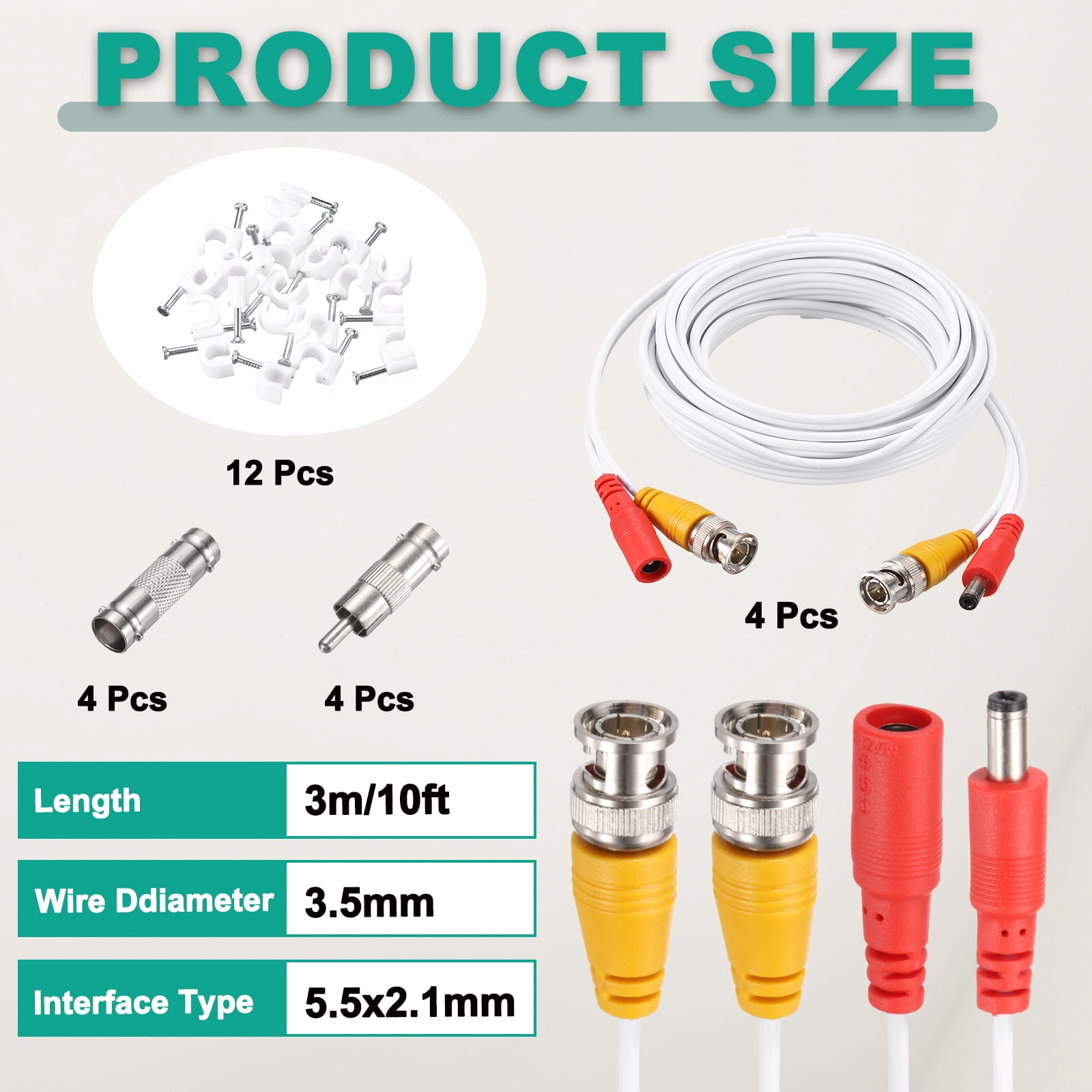 BNC Video Power Cable,3m/10ft All-in-One Security Camera Wire,4 Set White