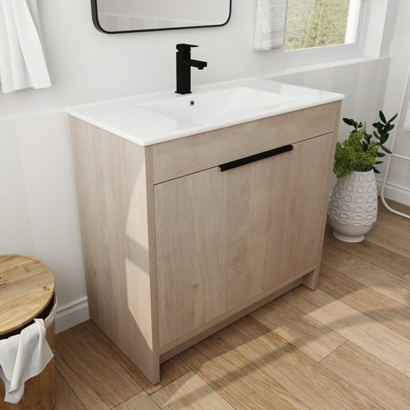 Holaki 36 inch Freestanding Bathroom Vanity with White Ceramic Sink & 2 Soft-Close Cabinet Doors, Light Oak