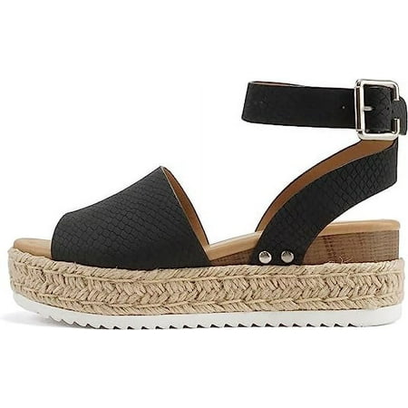 

Soda Topic Open Toe Buckle Ankle Strap Espadrilles Flatform Wedge Casual Sandal