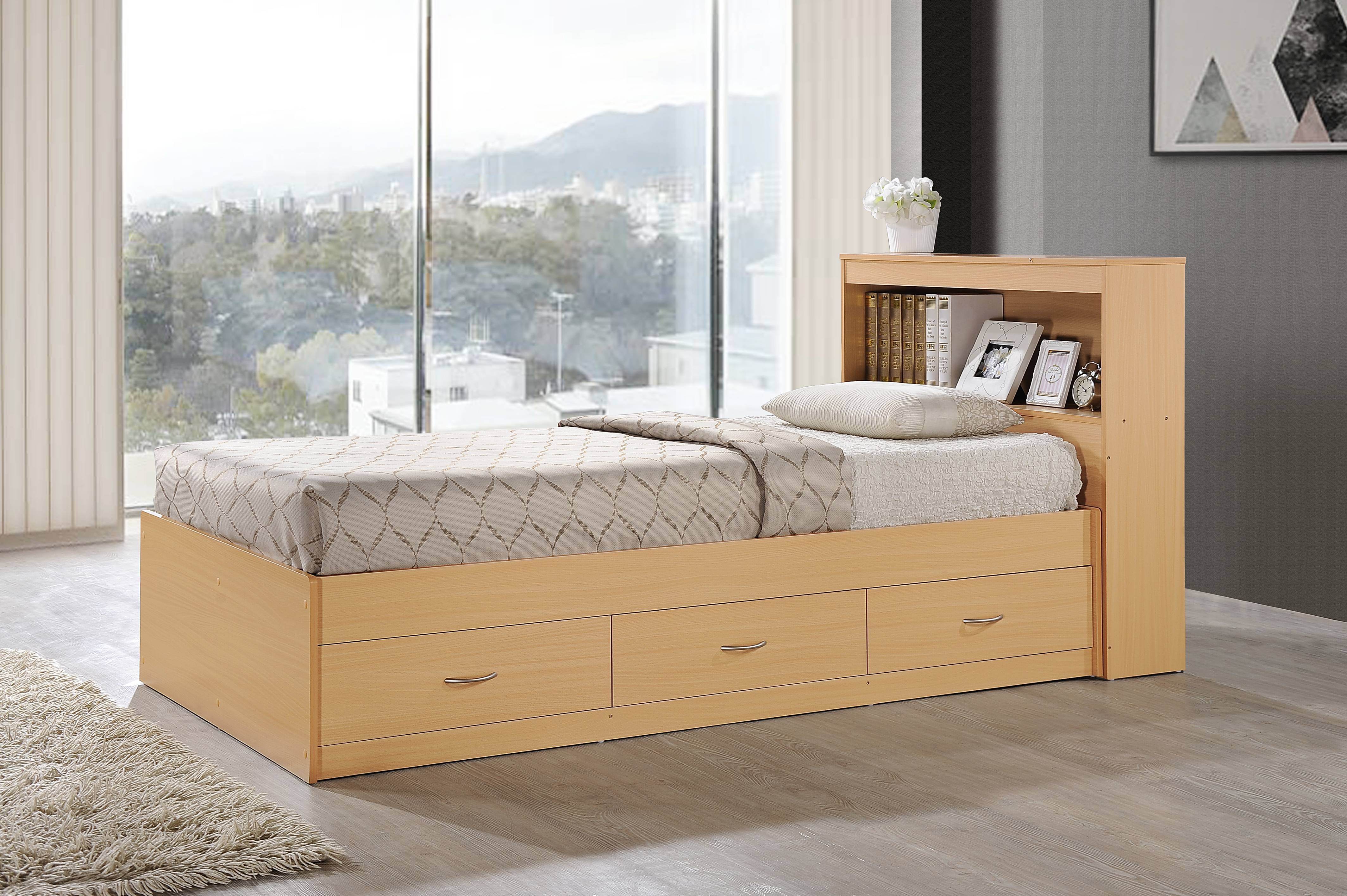 Hodedah Twin-Size Captain Bed with 3-Drawers and Headboard in Beech