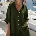 thumbnail image 3 of Pounoo 2 Piece Cotton Linen Sets for Women Collared Button Down Cuffed Short Sleeve Tops Elastic Waist Casual Shorts Summer Lounge Beach Outfits Gift, 3 of 9