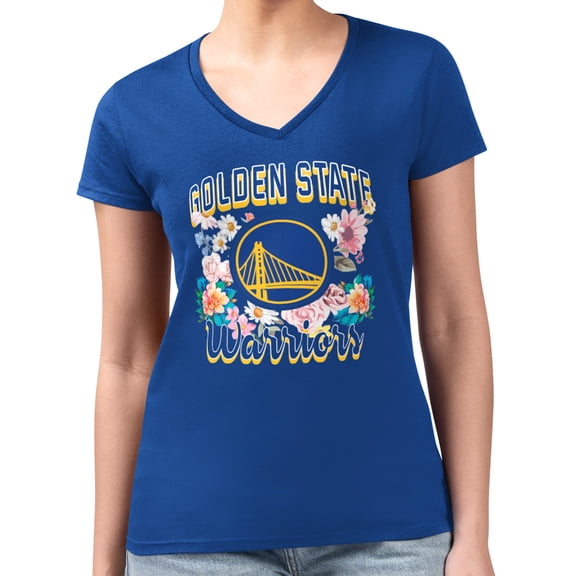 Women's G-III 4Her by Carl Banks Royal Golden State Warriors Super-Slim Fit Lightweight Flowers Team Logo Graphic V-Neck