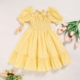 thumbnail image 3 of ZEHJUHAN Toddler Girls' Solid Color Bubble Sleeve A-Line Dress With Hand-Crocheted 3D Flower, Summer Tie Back Sundress for Vacation & Holidays, Yellow，2Y, 3 of 7