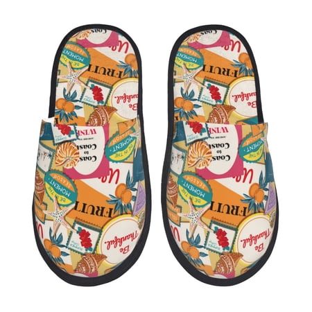 Balery Retro Summer Stamp Slient Indoor Furry Fleece Comfort House Shoes Soft Non-Slip Home Shoes Cotton slippers House Slippers-- Medium