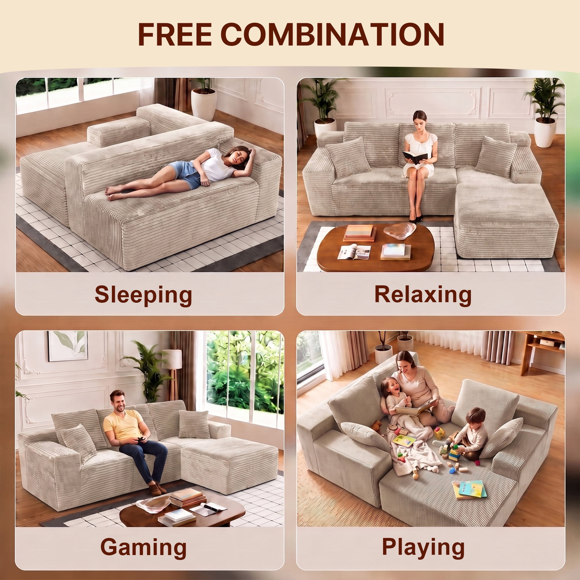Aukfa 108" Cloud Sectional Sofa Deep Seat Boneless Couch Modular L-Shaped Couch, Rihgt Chaise Corduroy Sofa for Living Room, Khaki