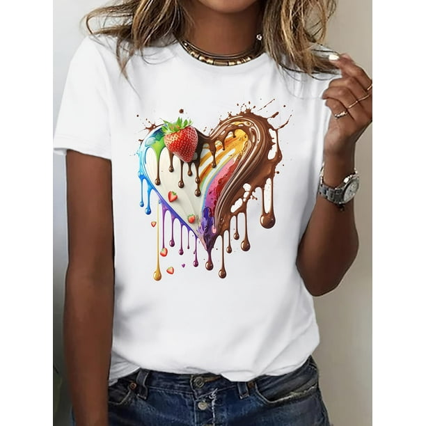 Chic Women's 100% Cotton T-Shirt with Colorful Heart & Chocolate Design - Breathable, Comfortable Short Sleeve Crew Neck Top for Spring/Summer/Fall - Ideal Valentine's Day Gift
