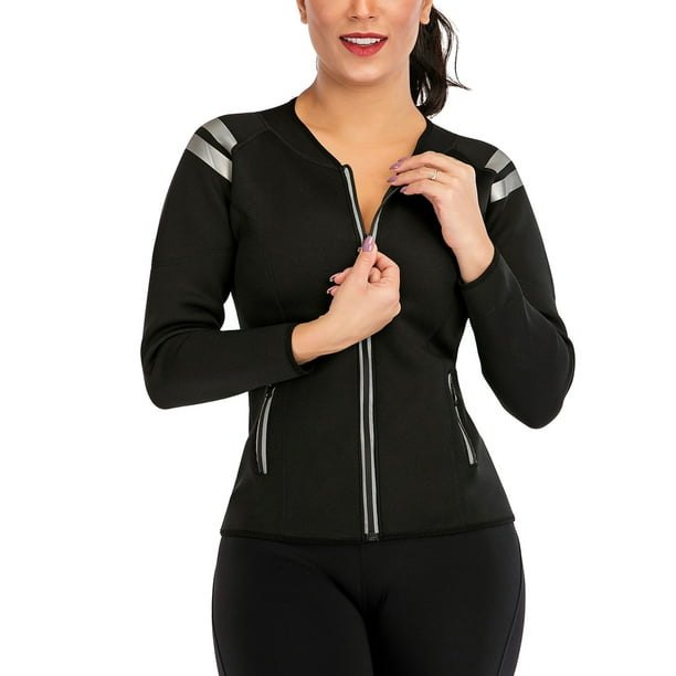 Womens Neoprene Sauna Body Shaper Suit Hot Sweat Tummy Fat Burner Waist  Training Workout Jacket Top Full Zip Up Long Sleeve 