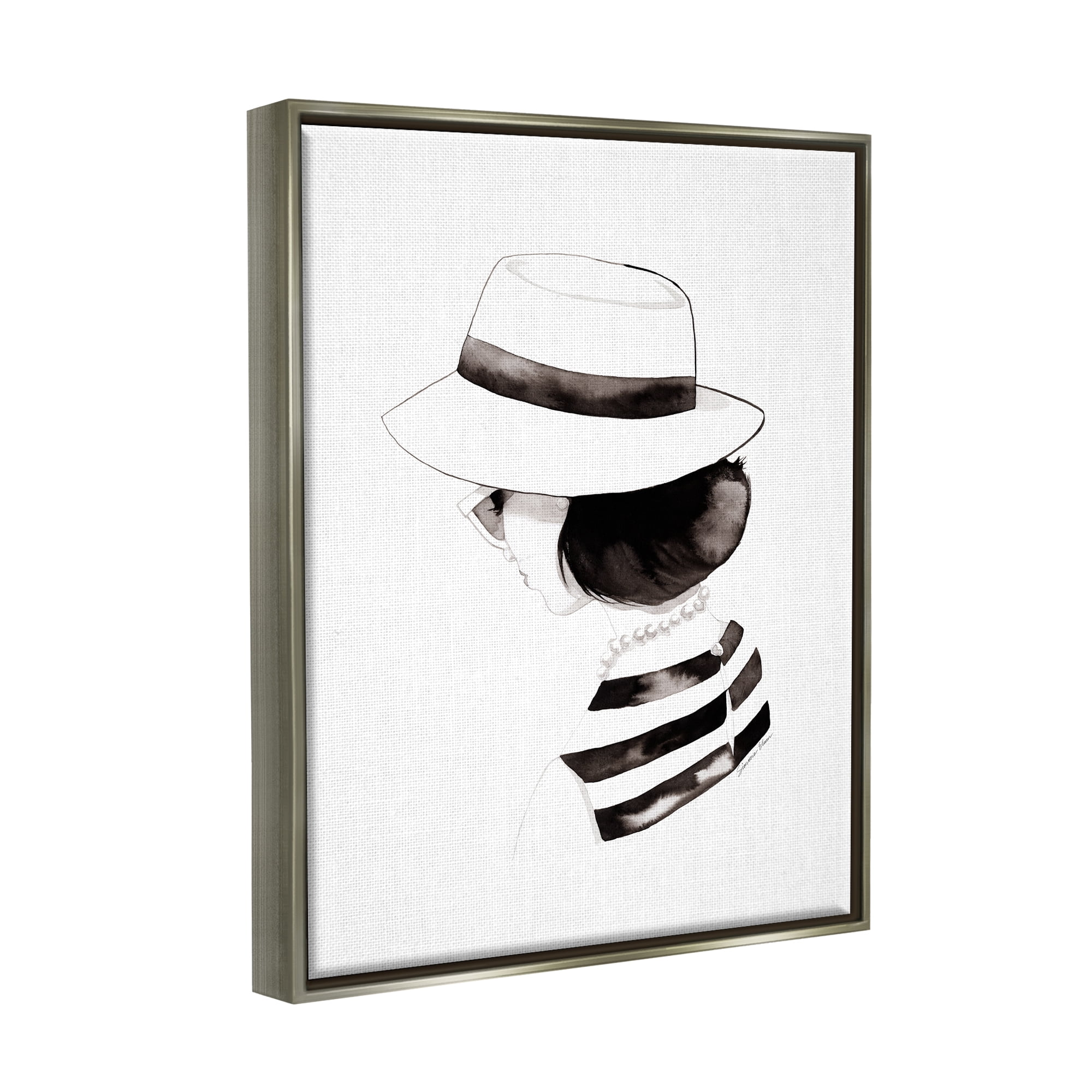Stupell Industries Woman in Sun Hat Beauty & Fashion Painting Gray Floater Framed Art Print Wall Art, 25 x 31
