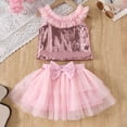 thumbnail image 6 of Girls Sequin Mesh Cake Dress Set, Two-Piece Princess Party Outfit with Bow, Sleeveless Sequin Top and Tutu Skirt for Toddler Kids Birthday and Celebration, 3-7Y Pink 100, 6 of 7