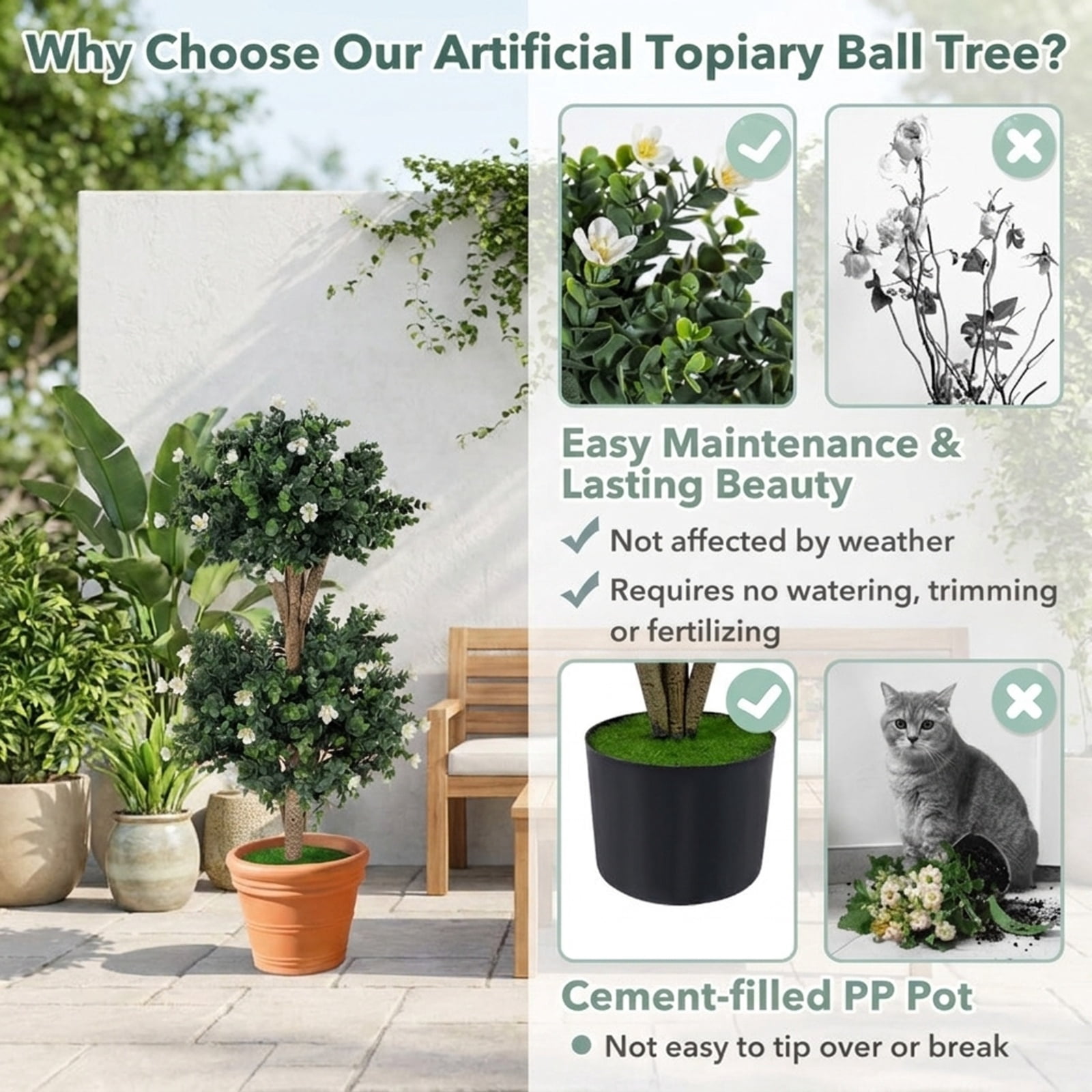 Vebreda Artificial Plant Decor, 2 Pack 36" Artificial Double Ball Boxwood Topiary Tree with 41 Blossoms, Vivid and Lifelike Boxwood Tree
