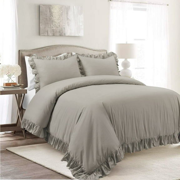 Lush Decor Reyna Cotton Ruffle Duvet Set, Full/Queen, Gray, 3-Pc