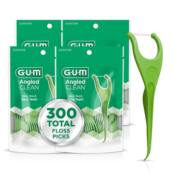 GUM Angled Floss Picks, for Tight Teeth, Extra Strong Shred-Resistant Dental Floss, 75 Count (Pack of 4)