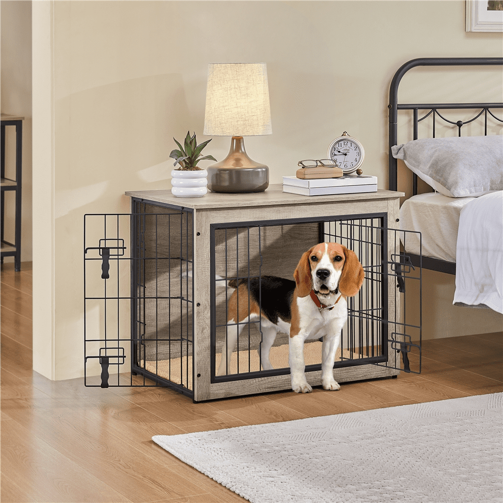 Alden Design 32" W Rustic Industrial Dog Crate with Anti-Skid Plush Mat For Medium-Sized Dogs, Gray