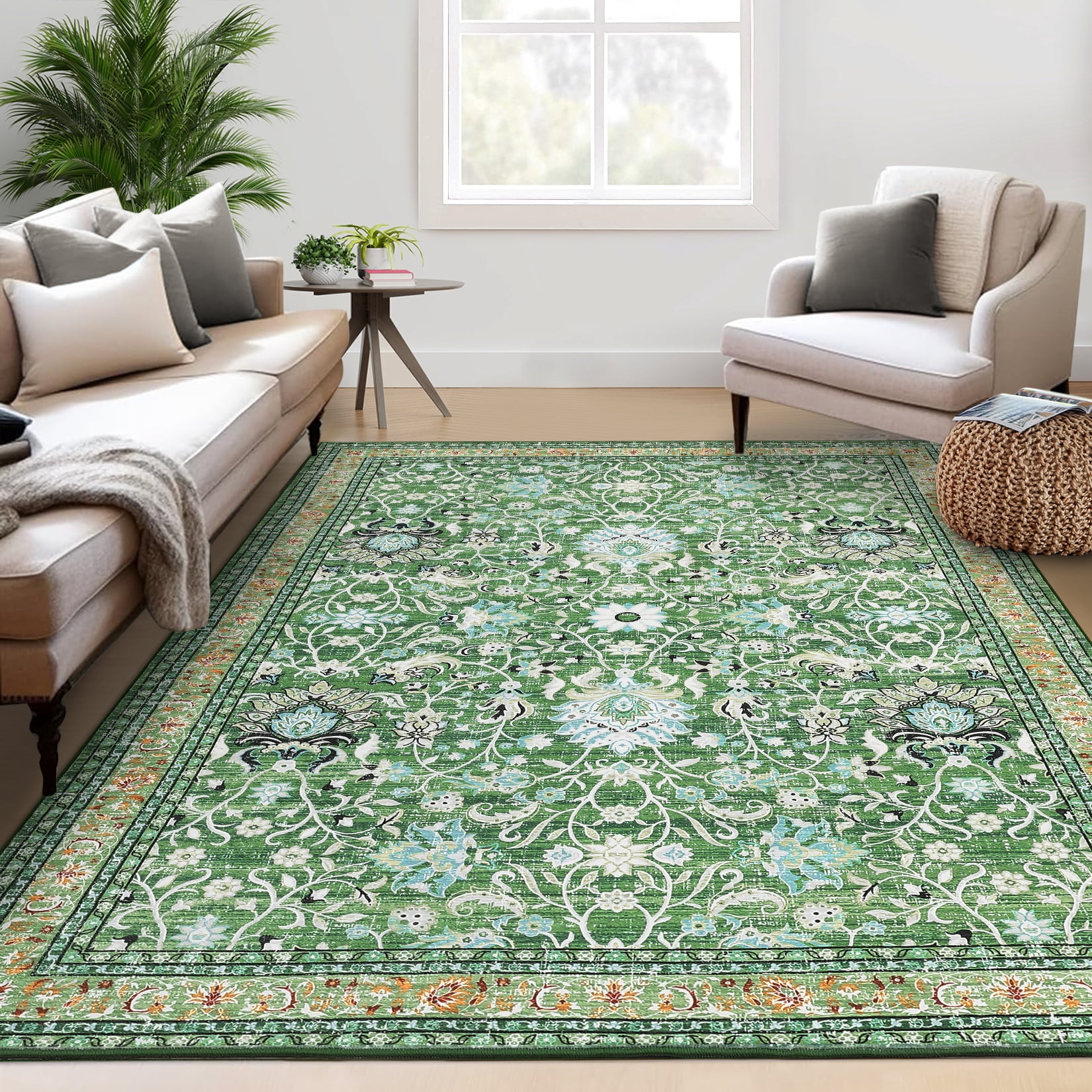 FairOnly 8' x 10' Vintage Floral Carpet for Office Living Room Bedroom Washable Rug Soft Surface Low Pile Area Rug, Grass Green