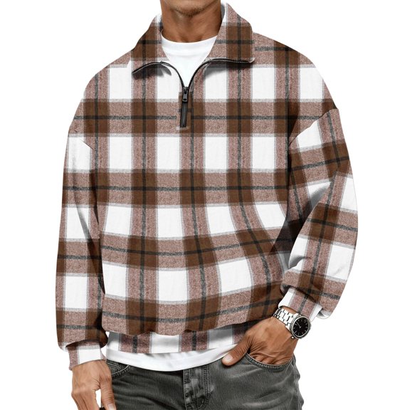 Men's Plaid Flannel Pullover Sweatshirt Quarter Zip Tartan Long Sleeve Casual Shirt Fall Winter Comfort Fit Streetwear Top Multicolor 2XL