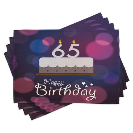 

65th Birthday Placemats Set of 4 Birthday Ceremony Artwork with Cake Hand Writing Calligraphy Best Wishes Washable Fabric Place Mats for Dining Room Kitchen Table Decor Blue Pink White by Ambesonne