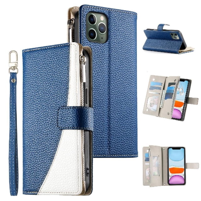 Funda cartera GANGXUN para iPhone 11 Pro , cuero PU con tarjetero, cremallera, correa de mano, soporte y protección 556°