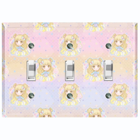 Metal Light Switch Wall Plate Outlet Cover (Pink Pop Star Dreamy Sky Cloud - Triple Toggle)