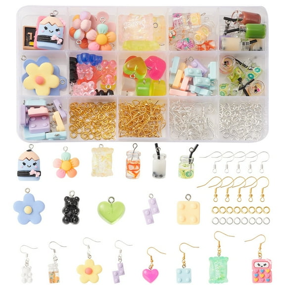 1box Cartoon Earring Making Kit Inlcluding Bottle & Flower & Bear & Heart Glass & Resin Pendants Iron Earring Hooks Brass Jump Rings Mixed color 284pcs/box