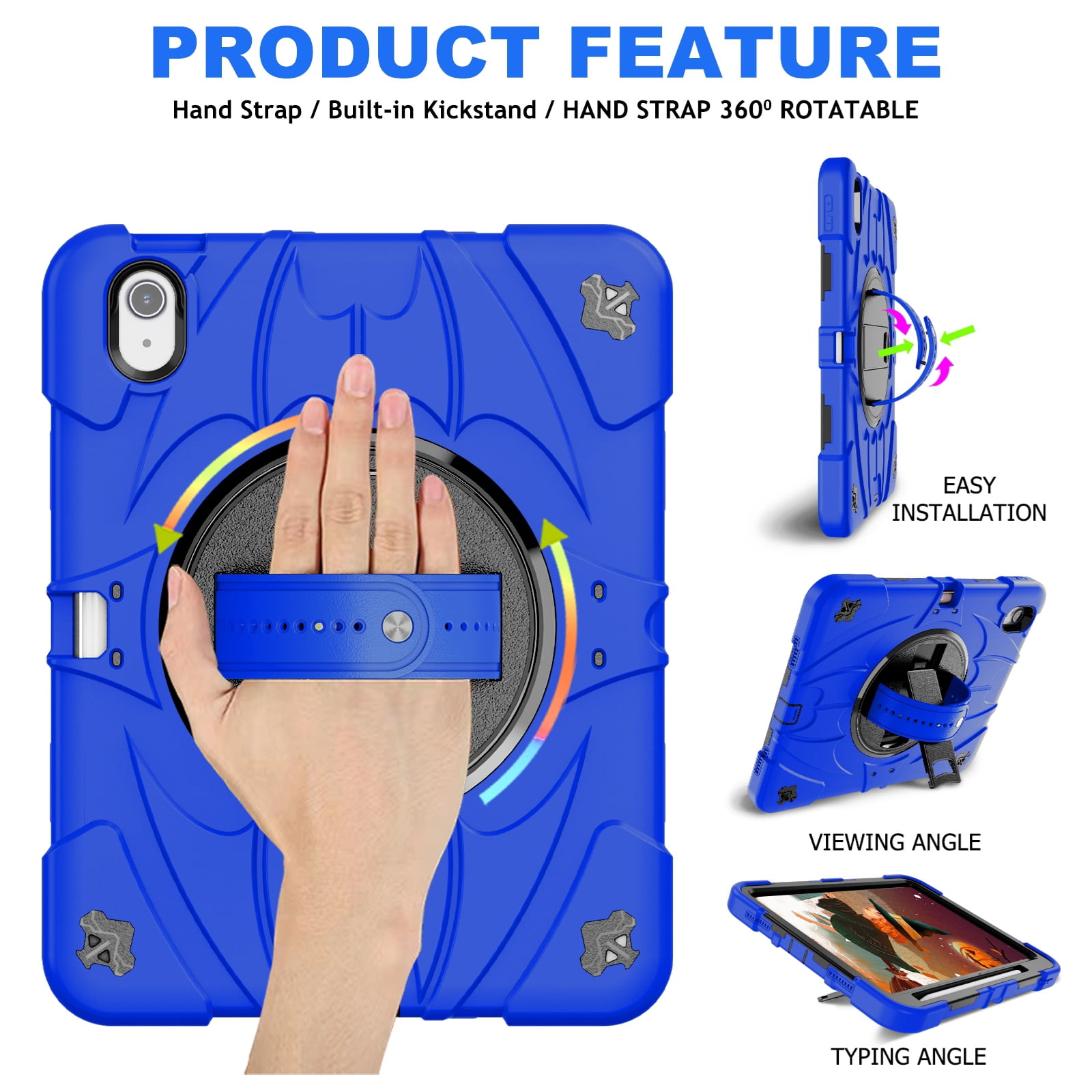 ELEHOLD Case for Apple iPad 10th Gen, Heavy Duty Shockproof Case with Pencil Holder/Stand/Hand Strap/Shoulder Belt, Rugged Protective Cover for Boys Girls,Blue