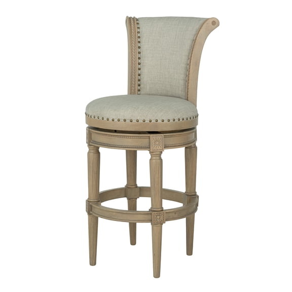 ROME OAK Runyan Swivel Bar Stool, Reclaimed Oak, Ash Grey Fabric, 31 in