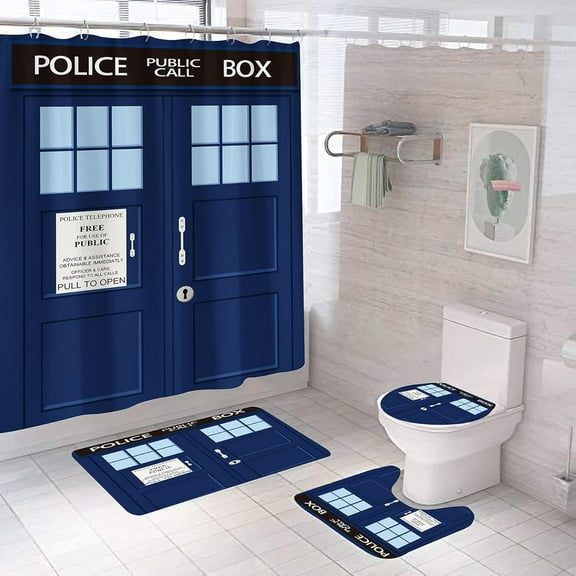 4 Pcs Tardis Police Box Shower Curtain Set, Blue Vintage Style Shower Curtain with Non-Slip Rug, Funny Creative Gift for Kids Adult, Toilet Lid Cover and Bath Mat Bathroom Decor Curtain with 12 Hooks