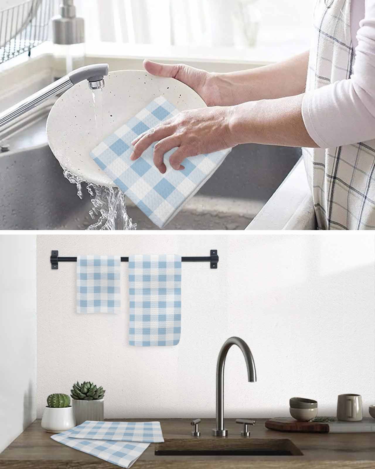 Blue Checkered Dish Towels Set, Waffle Weave Kitchen Towels 3 Pieces, Blue White Buffalo Plaid Microfiber Hair Face Bath Tea Towel Absorbent Quick Drying Cleaning Dish Cloths 12"x12"