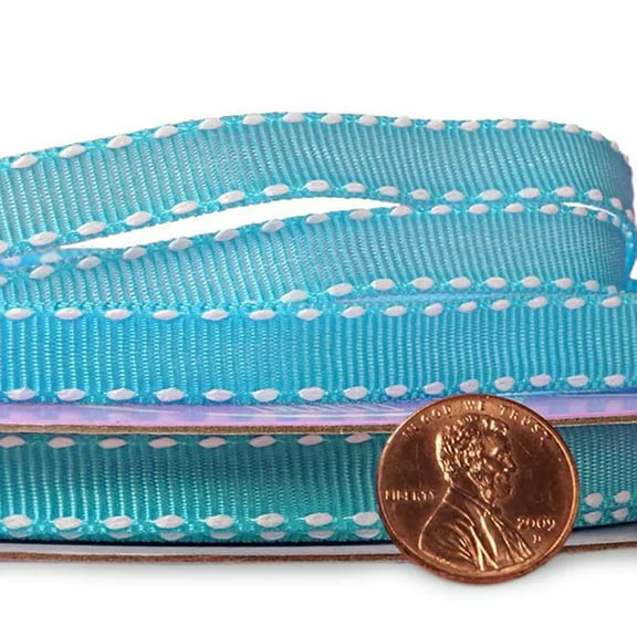 3/8" Wide Saddle Stitch Grosgrain Ribbon - 25 Yards (Turquoise With White Stitching)