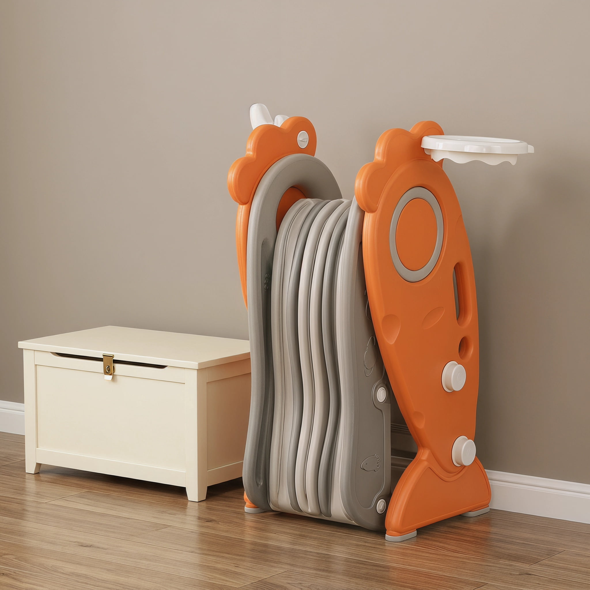 Kadyn Toddler Slide Kids Slide, 4 in 1 Indoor Slide for Kids Age 3+ Years with Basketball Hoop and Rings, Orange