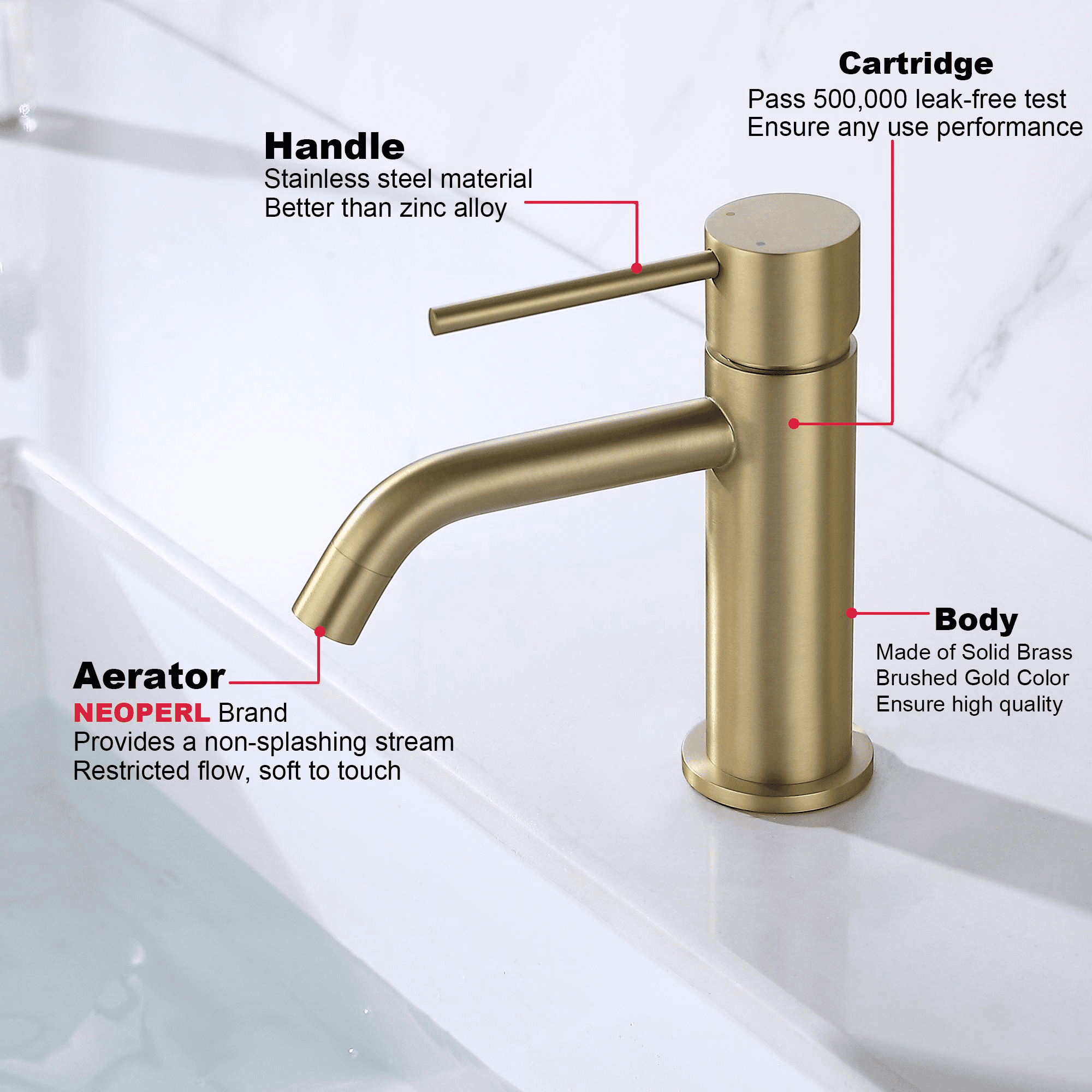 Adorer Brushed Gold Bathroom Faucet, Single Handle Brass Sink Faucet Bathroom Single Hole with Pop Up Sink Drain Assembly and Water Faucet Supply Lines