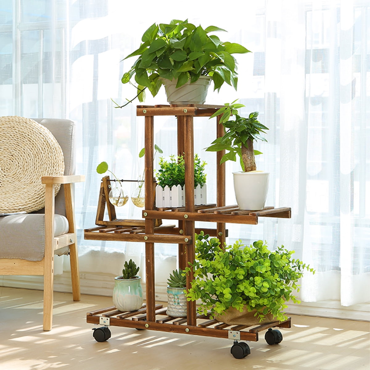 4 Tier Wooden Plant Stands Rolling Flower Display Shelf