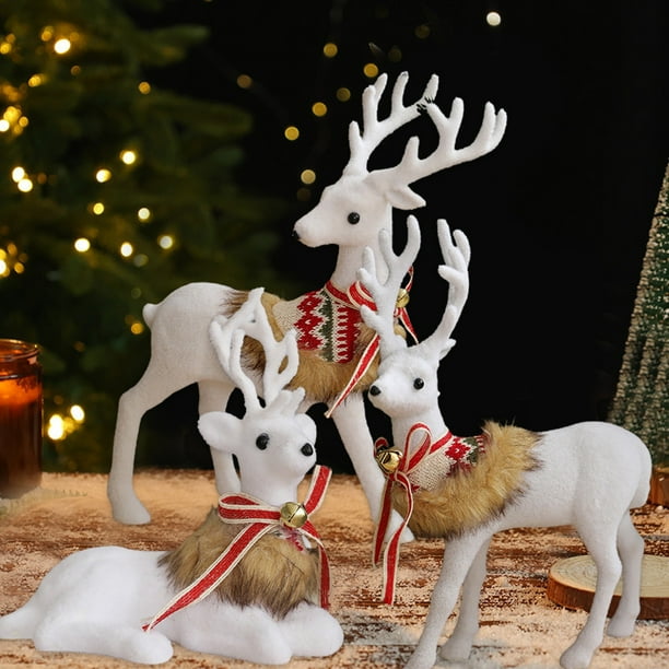 Adorno de ciervo de Navidad con lazo y campanas - Decoración de plástico blanco de renos de 13" para ventana, habitación o mesa