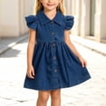 thumbnail image 5 of IFNWSV Toddler Girls Denim Dress Solid Color Short Sleeve Ruffle Button Down Casual A-Line Jean Dress Blue 6-12 Months, 5 of 7