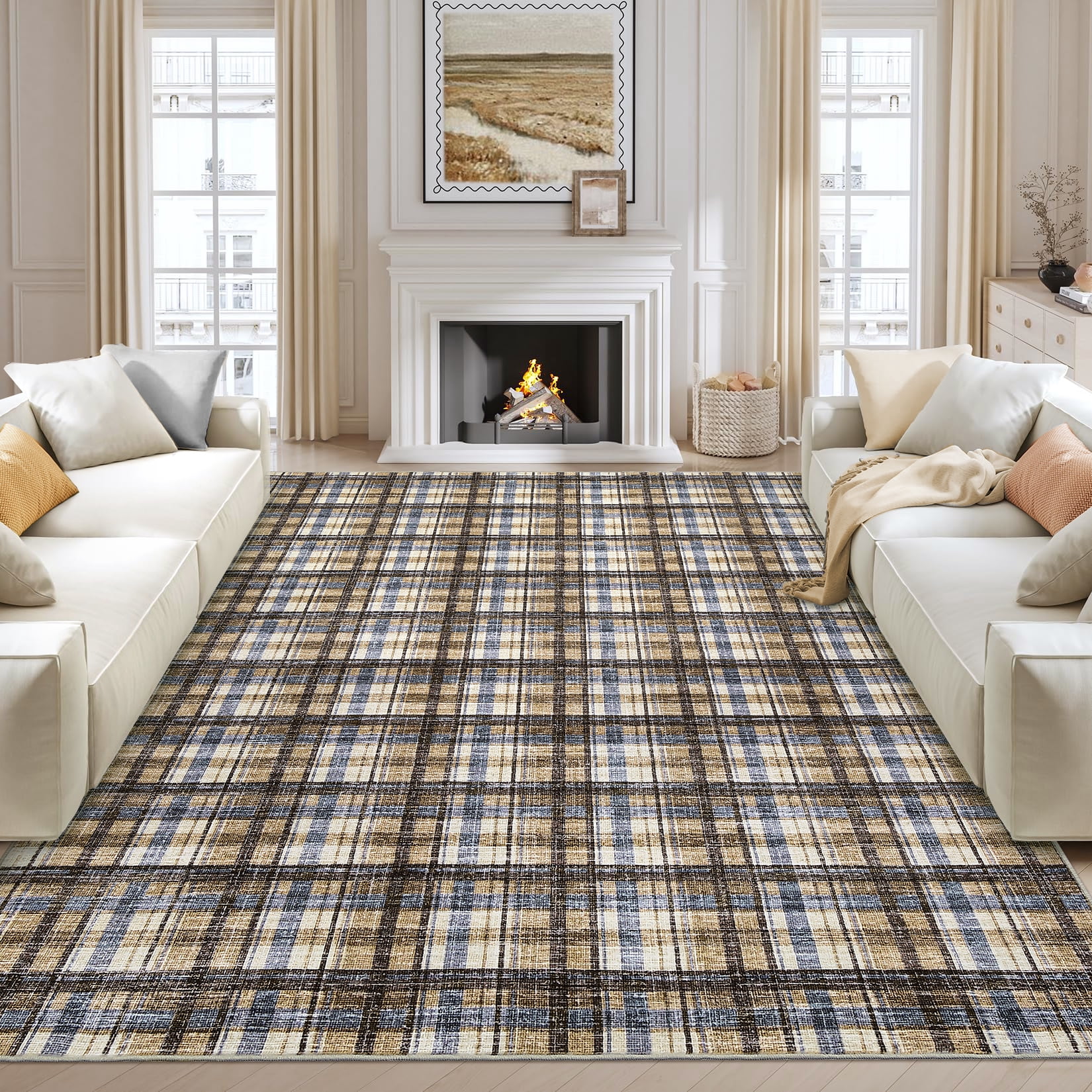 Garvee 10x13 Geometric Striped Area Rug Living Room Rug, Machine Washable Plaid Rugs With Non-Slip Backing Low Pile Stain Resistant Indoor Carpet for Bedroom Dining Room Home Office, Camel