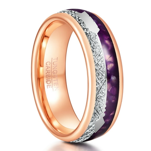 8mm Women's Rose Gold Tungsten Ring Arrow Wedding Band with Imitated Meteorite and Agate Size 7-12