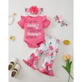 thumbnail image 2 of KIMI BEAR Infant Baby Girls Outfits 12-18 Months Summer Clothes Set Ruffle Short Sleeves Letter Print Romper Top Floral Flared Pants Sets with 2pcs Headbands 4pcs Pink, 2 of 10