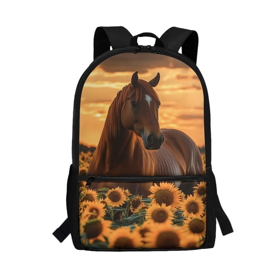 Binienty Sunflower Horse Print Backpack for Kids 7-12 17 Inch Large Capacity School Bookbag with Adjustable Shoulder Straps and Front Zipper Pocket for Students Daily Use