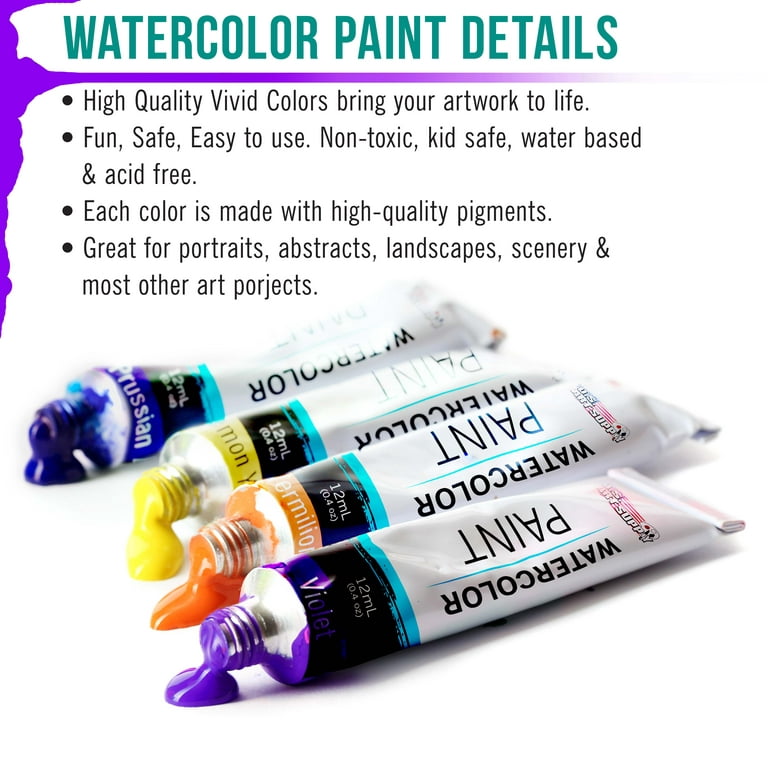 24 Color Set of Watercolor Paint in 12ml Tubes - Vivid Colors Kit for  Artists, Students, Beginners