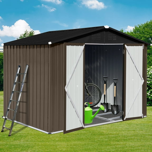 Aukfa 8FT x 6FT Outdoor Storage Shed, Metal Garden Shed with Vents, Tool Shed with Door and Padlock for Backyards, Patio Lawns, Brown