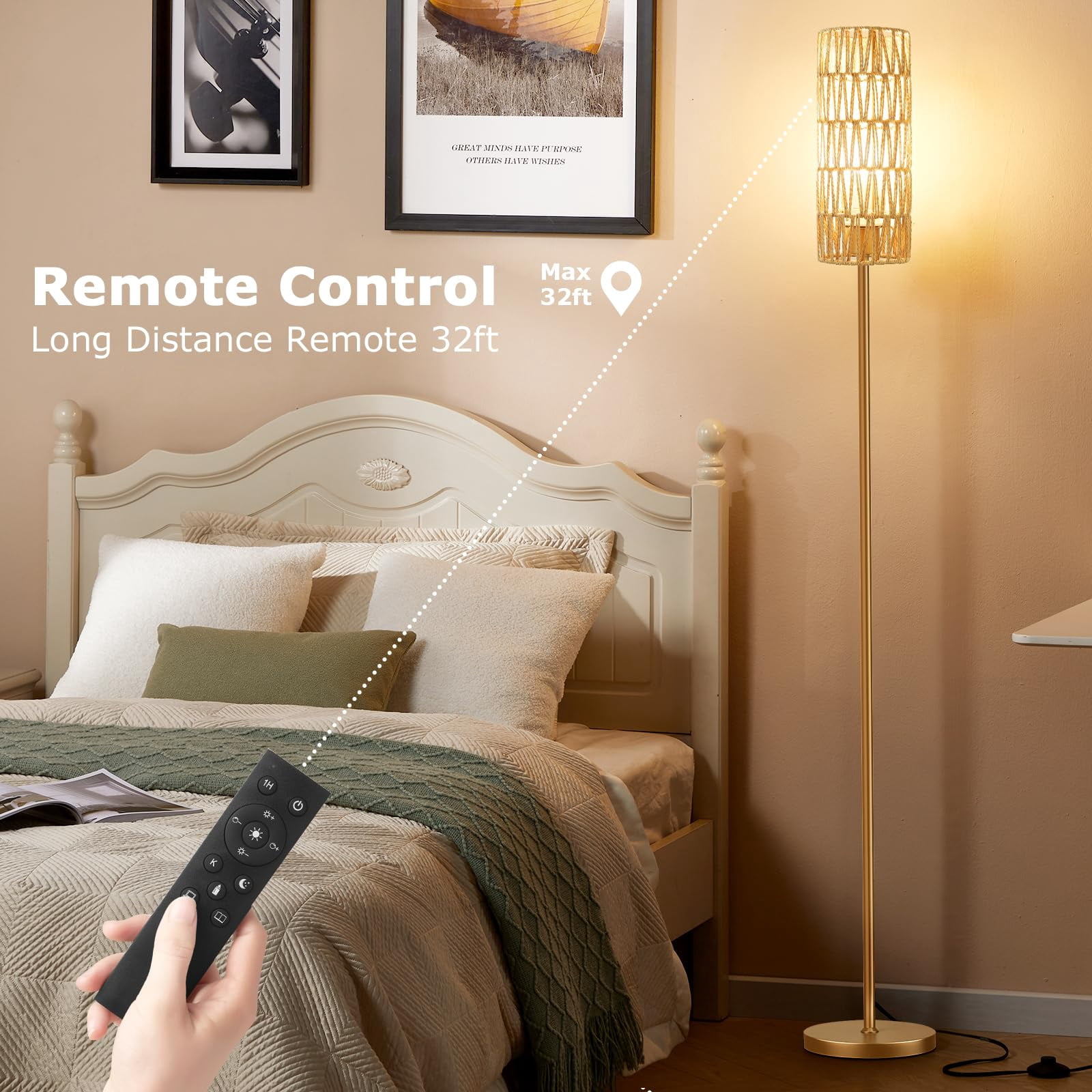 64'' Floor Lamps For Living Room With Remote Control And Stepless Dimmable Colors Temperature & Brightness  Boho Standing Lamp Beige Rattan Shade