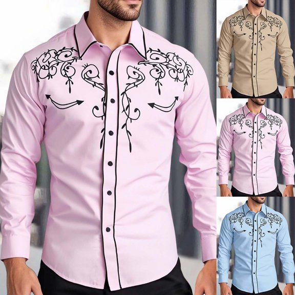 Cowboy Shirt for Men Western Embroidered Long Sleeve Button Down Shirts Spring Fall Country Top Pink XL