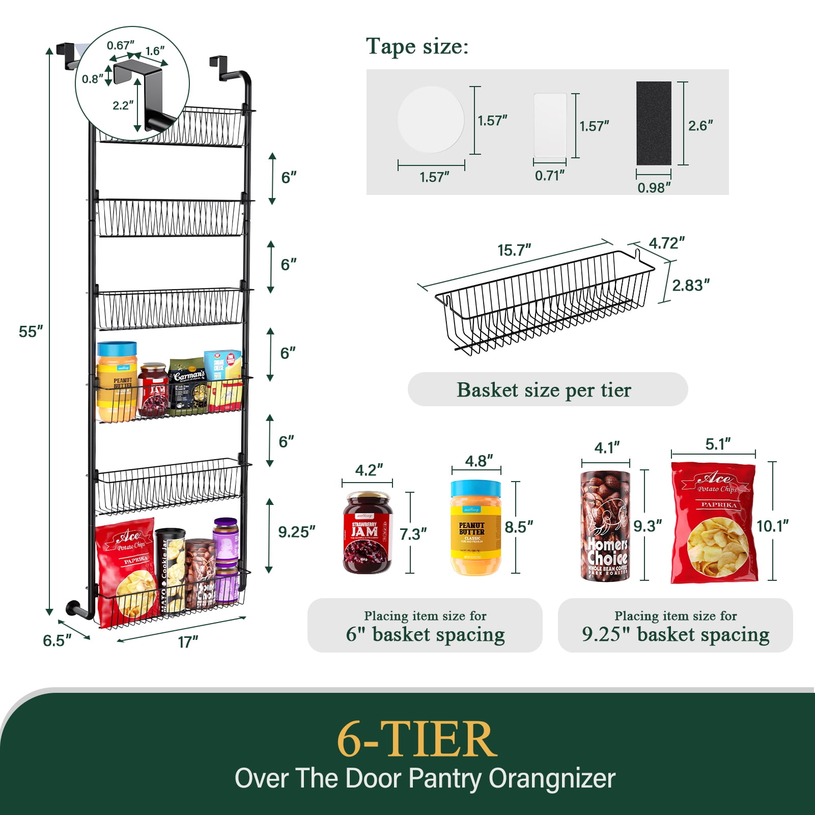 Yeabett 6-Tier Over the Door Pantry Organizer, Larger Baskets Metal Pantry Organization and Storage, Door Back Hanging Space Saver for Kitchen, Laundry, Bathroom, Black