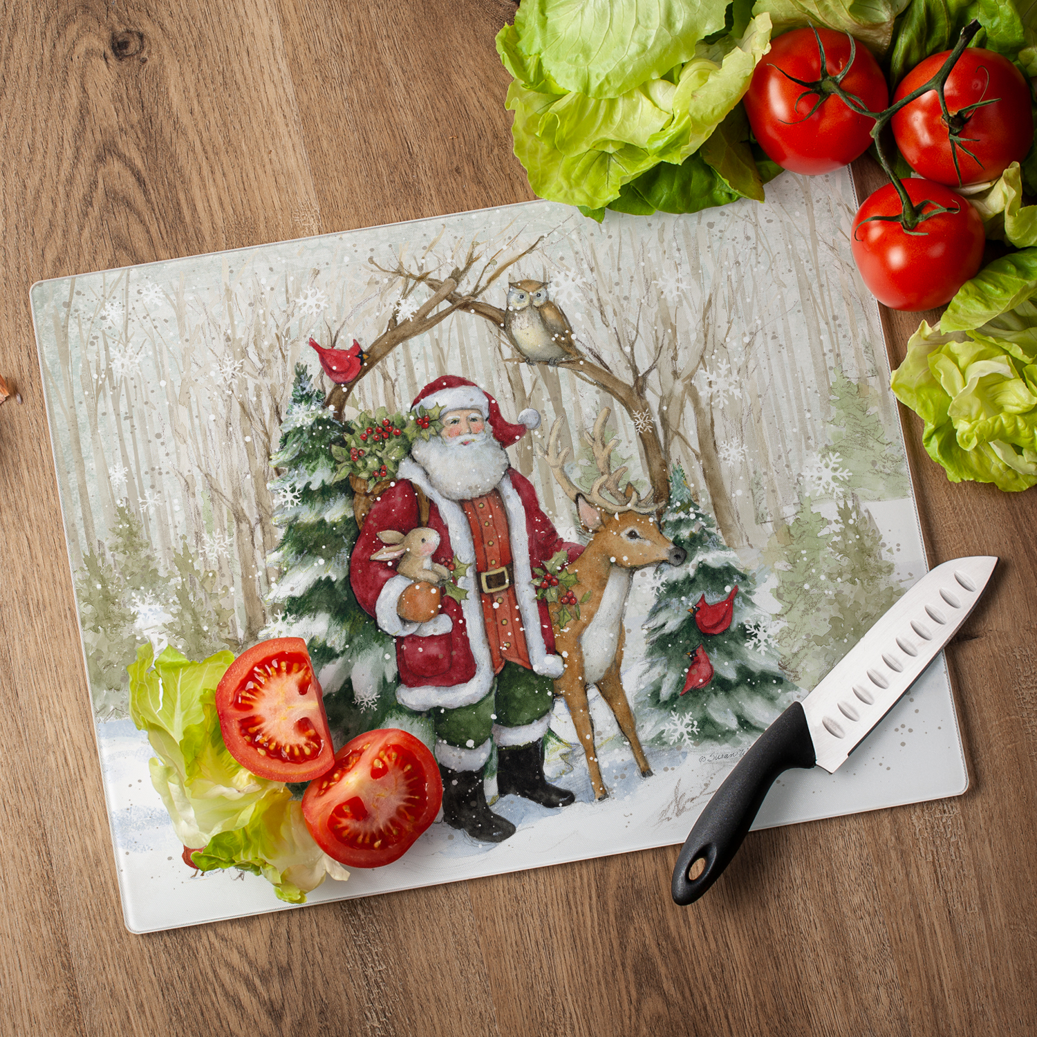 CounterArt Winter Forest Santa 3mm Tempered Glass Cutting Board 15" by 12"