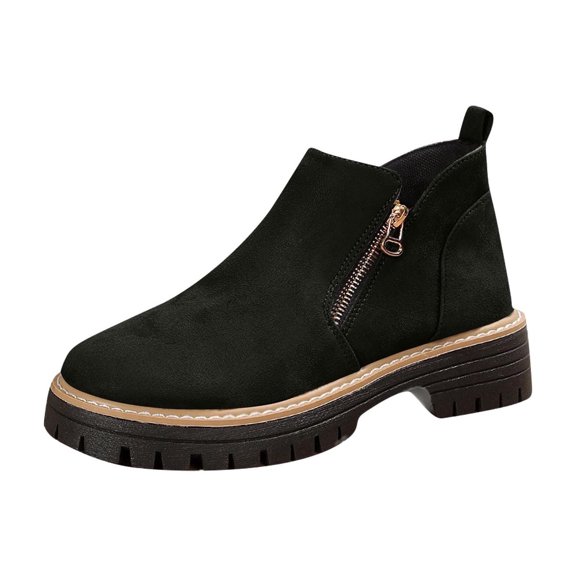 Xfvqtps Womens Suede Ankle Boots with Side Zipper Winter Casual Low Heel Booties Chunky Heel Round Toe British Style Shoes