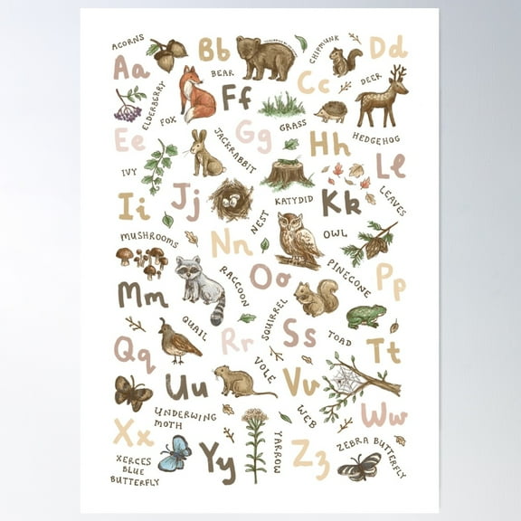 Woodland Animals Alphabet Poster Wall Art, Modern Wall Decor For Living Room Bedroom, 8x12 UNFRAMED