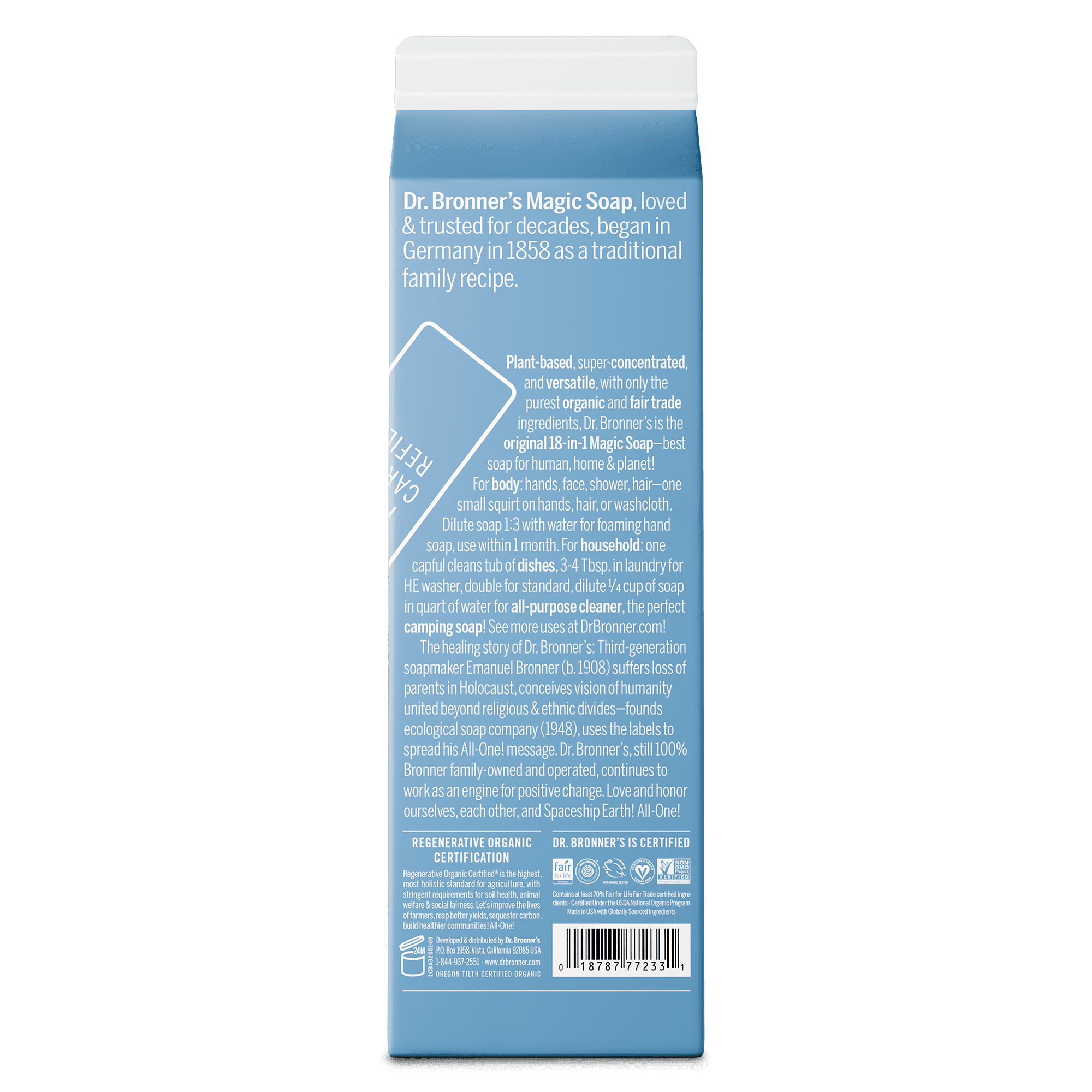 Dr. Bronner's Magic Soap Refill - Baby Unscented - Pure-Castile Liquid Soap Carton - 32 oz – for face, body wash, hands
