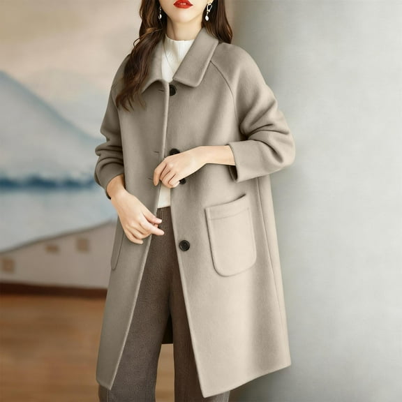 PNTUTB Womens Casual Solid Color Lapel Button Down Long Sleeve with Double Pockets Fashion Long Coats