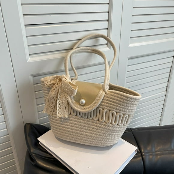 Handmade Straw Beach Bag with Silk Scarf & Pearl Buckle, Vintage Boho Tote for Summer & Commuting