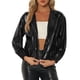 thumbnail image 1 of CHAQUETA METÁLICA BRILLANTE CON CAPUCHA Y CREMALLERA PARA MUJERES INSPIRE CHIC, LARGA Y DE MANGA LARGA, COLOR NEGRO, 1 of 5