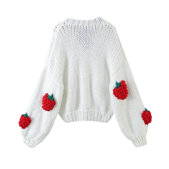Aocisk Knit Cardigan for Women V Neck Sleeve Strawberry Sweater for Fall and Winter Cozy and Stylish Red Average